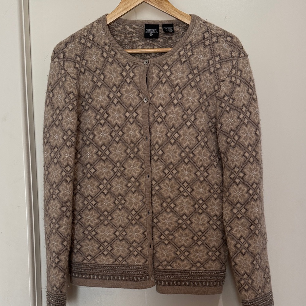 Patterned Brown Cardigan Beaded wool blend Sweater